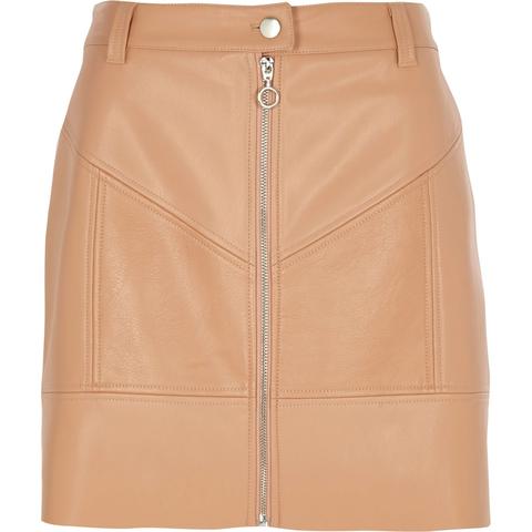 Beige Faux Leather Zip Front Mini Skirt