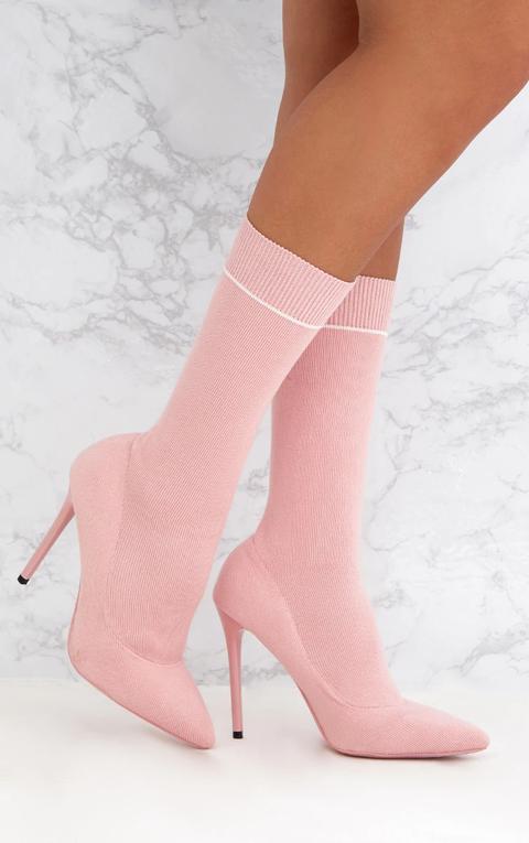 Pink Contrast Piping Knitted Pointy Sock Boots, Pink