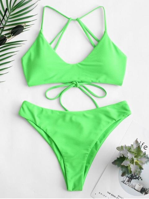 Zaful Ribbed Strappy Bikini Set Clover Green