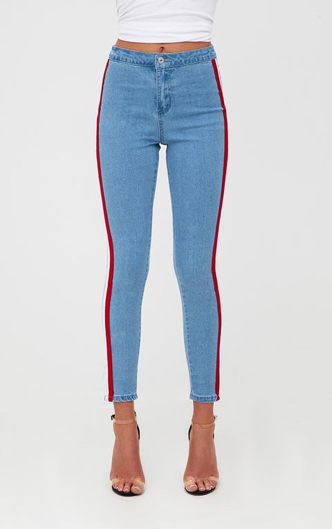 Mid Wash Sports Stripe High Waisted Skinny Jean