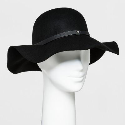 Women's Faux Leather Band Felt Floppy Hat - A New Day Black