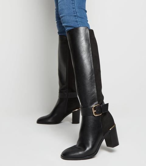 black leather look knee high boots