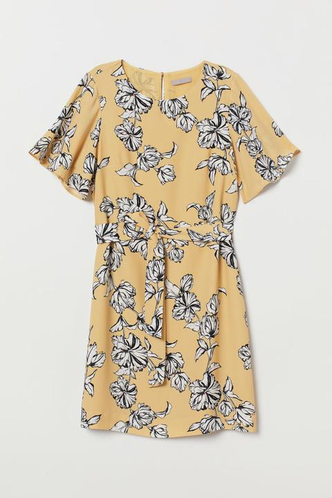 Kleid Mit Bindegürtel - Yellow - Damen