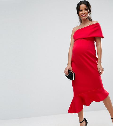 Asos Maternity Petite - Vestito Peplo Midi Monospalla In Tessuto Scuba - Rosso