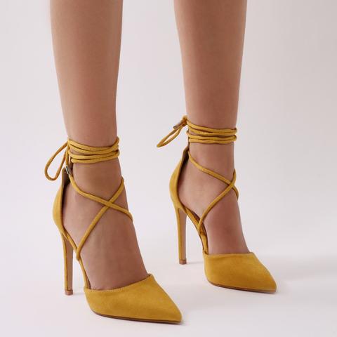 Aries Lace Up D'orsay Stiletto Court Heels In Mustard Faux Suede