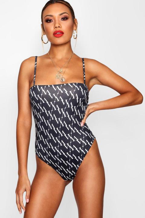 Diagonal Repeat Print Square Neck Bodysuit