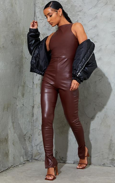 Chocolate Pu Racer Neck Split Hem Jumpsuit