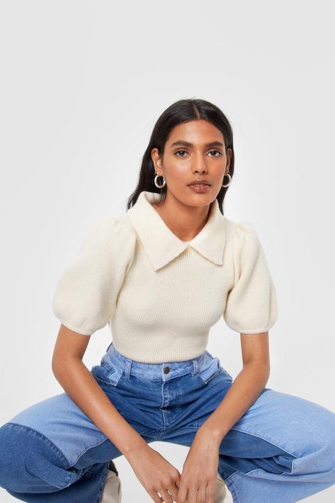 Womens Collar Your Heart Puff Sleeve Knit Jumper
