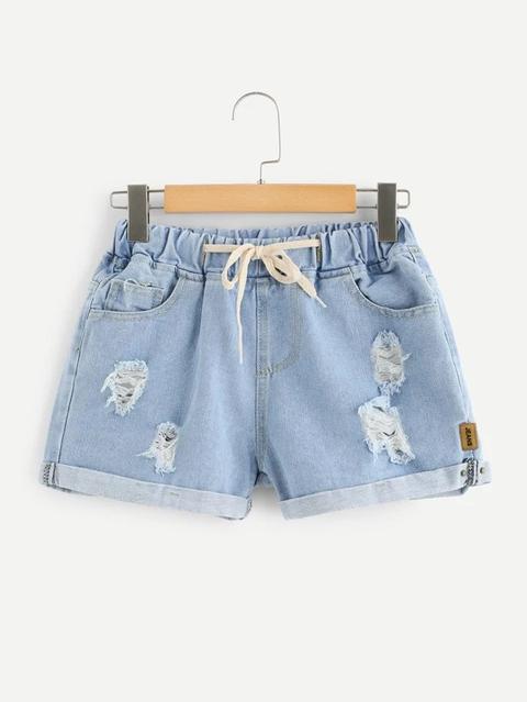 Shorts Denim Rotos De Cintura Con Cordón