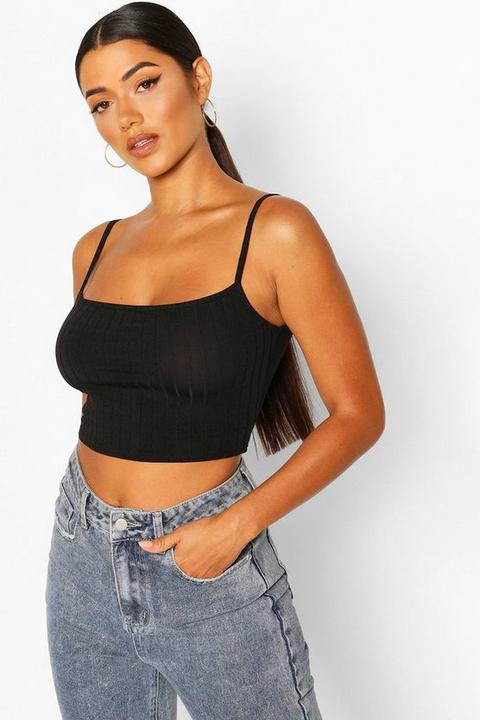 Womens Ribbed Strappy Cropped Top - Black - 6, Black