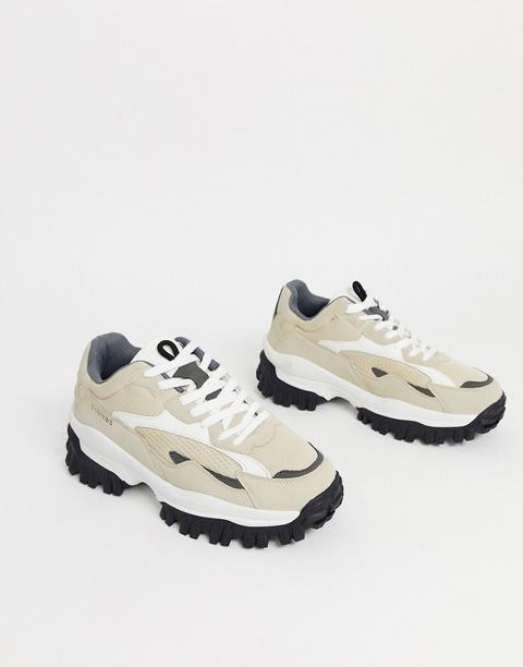 Bershka Chunky Trainer With Contrast Trekking Panels In Cream-beige