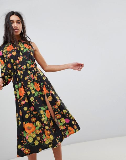 Asos - Vestito Midi Monospalla A Fiori Con Manica A Palloncino - Multicolore