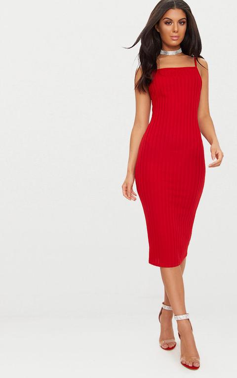 Red Straight Neck Rib Knit Midi Dress, Red