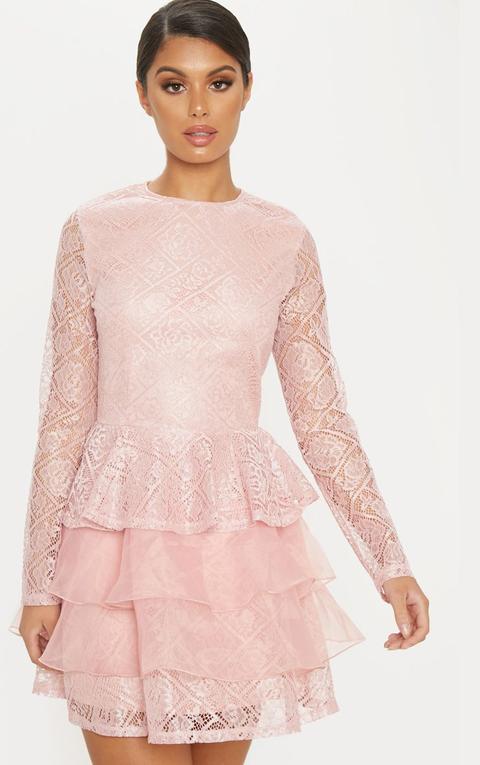 dusty pink lace tier frill plunge skater dress