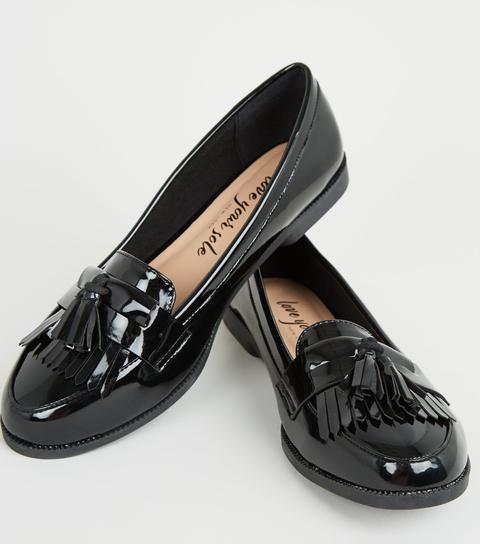 Black Patent Tassel Trim Loafers New Look Vegan