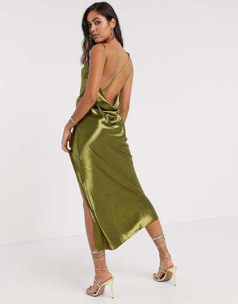 Asos Design Cowl Back Strappy Drape Midaxi In Olive-blue