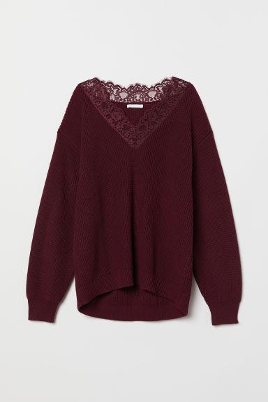 H & M - Pullover In Maglia Con Pizzo - Rosso