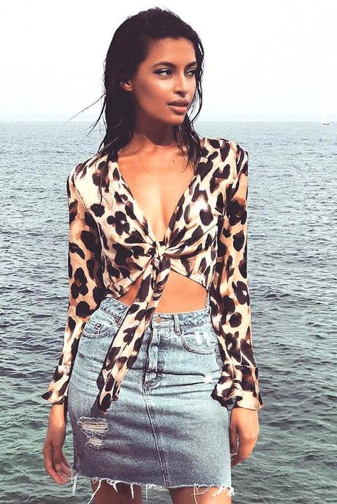 Brown Leopard Print Tie Front Flare Sleeve Crop Blouse