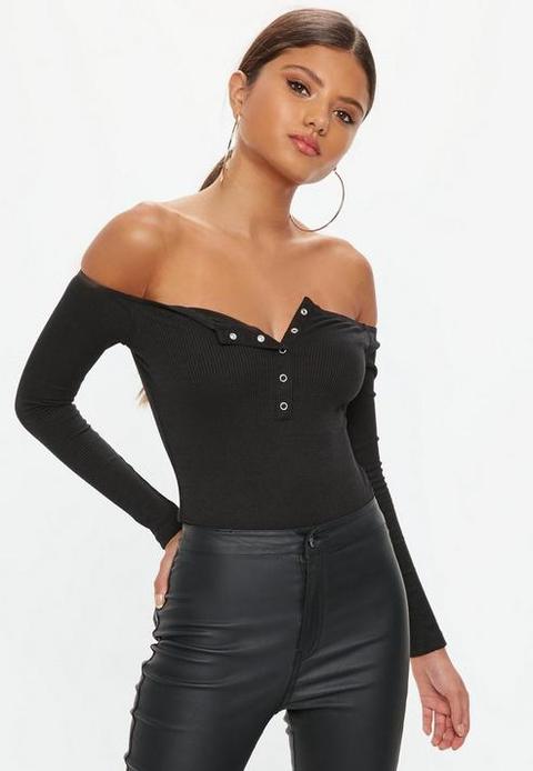 Black Popper Front Bardot Bodysuit, Black