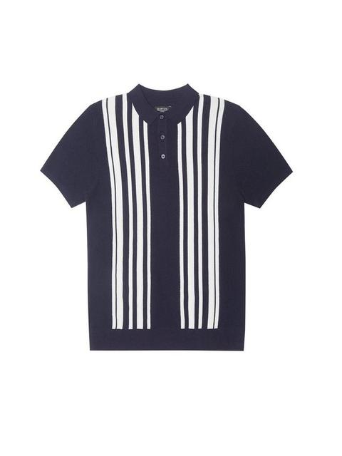 Navy Knitted Stripe Polo Shirt