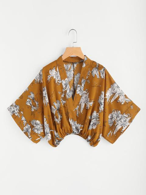 Random Florals Kimono Sleeve Surplice Blouse