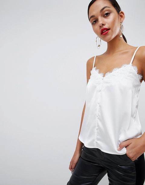 Outrageous Fortune Lace Trim Cami With Button Detail In White - White