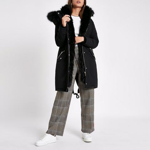 Black faux fur trim longline clearance parka