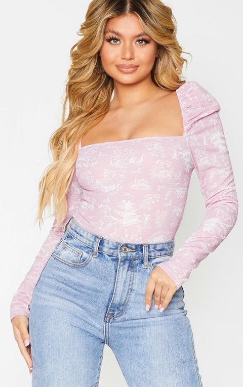 Pink Printed Square Neck Puff Sleeve Bodysuit