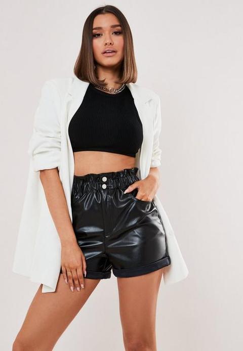 Black Faux Leather Paper Bag Turn Up Shorts, Black