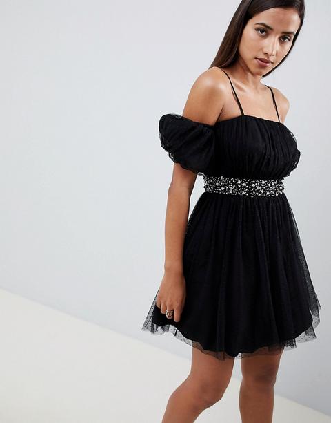 Asos Design - Vestitino In Tessuto A Pallini Con Bordi Decorati E Maniche A Sbuffo - Nero