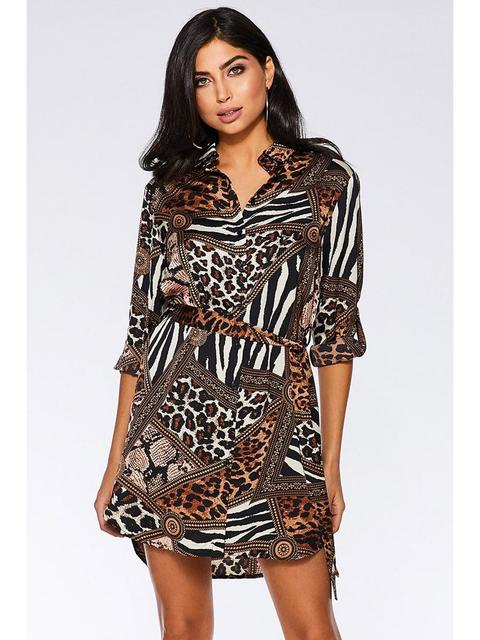 Brown And Black Satin Animal Print Shirt Dress