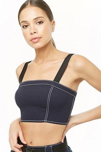 Forever 21 Contrast-stitched Denim Crop Top , Navy/white