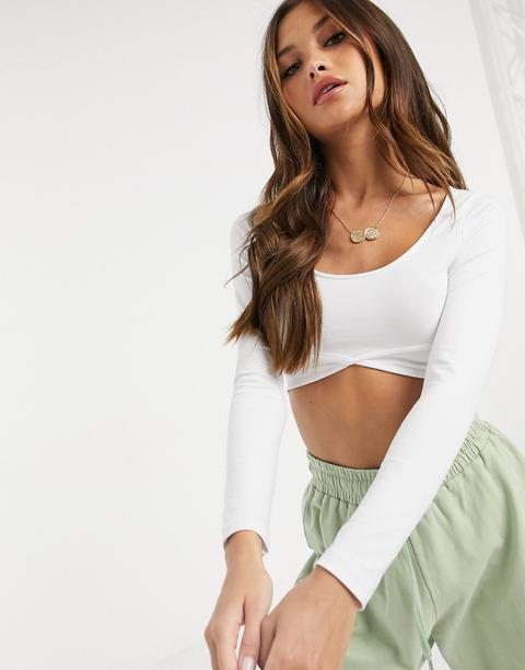 Asos Design Long Sleeve Crop Top With Wrap Hem In White