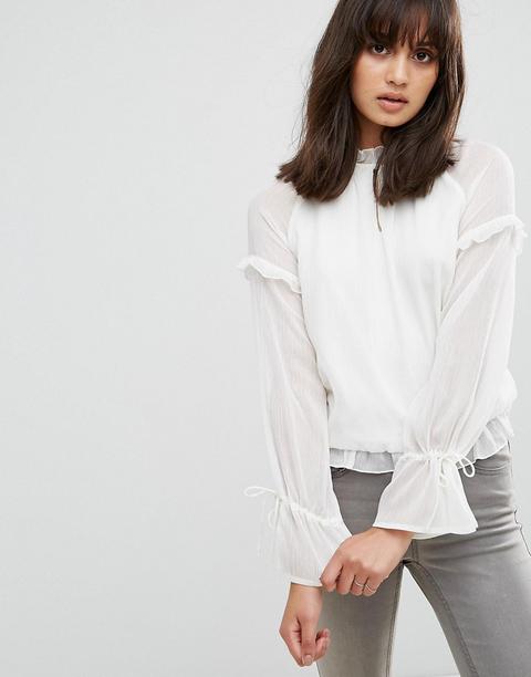 Pieces - Elom - Transparente Bluse Mit Geschnürten Ärmeln - Weiß