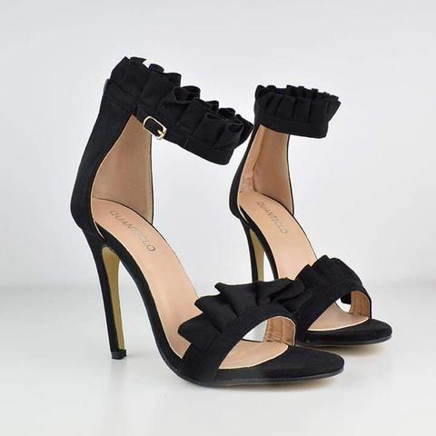 Celestine - Black Ruffle Heeled Sandals