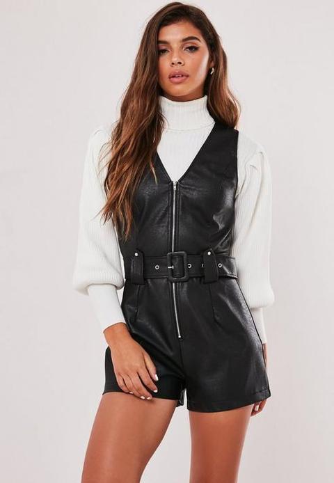 Black Faux Leather Belted Playsuit, Black