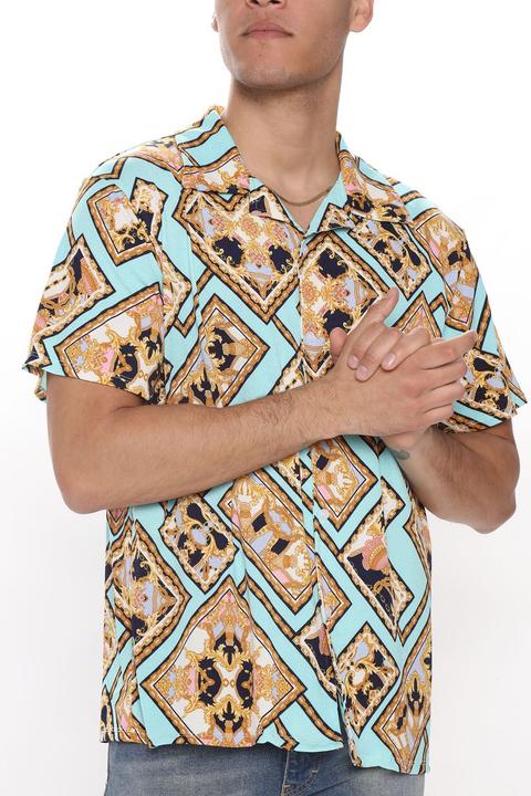 At The Top Short Sleeve Woven Top - Blue/gold