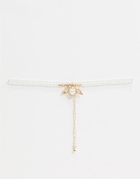 Asos Design Choker Necklace With Pearl Angelic Heart Pendant In Gold Tone