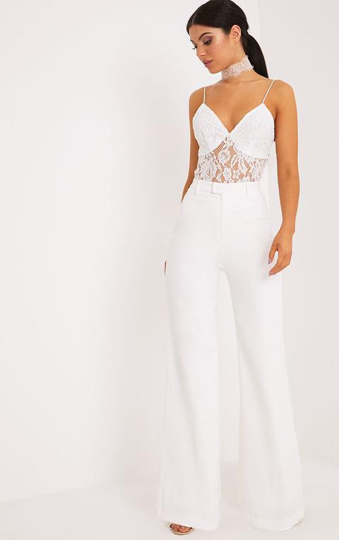 Reemah Cream Wide Leg Crepe Trousers, White