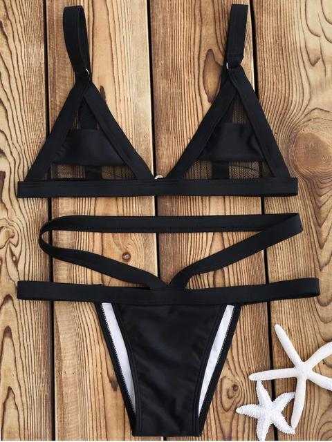 Zaful Mesh Panel Bandage Bikini Black