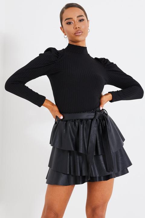Black Faux Leather Frill Skirt from Quiz on 21 Buttons