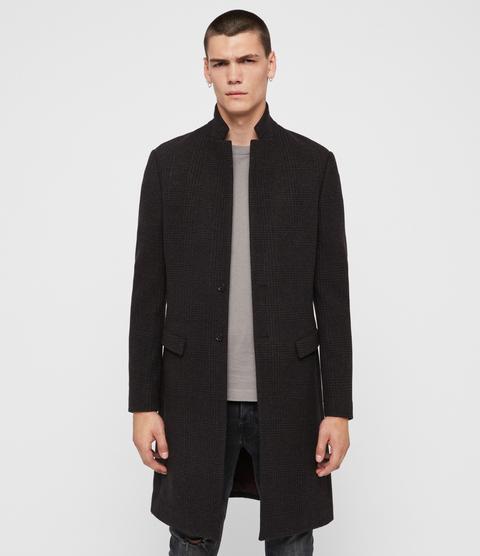 Allsaints Wool Check Slim Fit Wool-blend All-over Tailored Burge Coat, Black, Mens, Size: 36