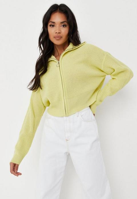 Neon Yellow Collar Zip Through Cropped Jumper, Lime