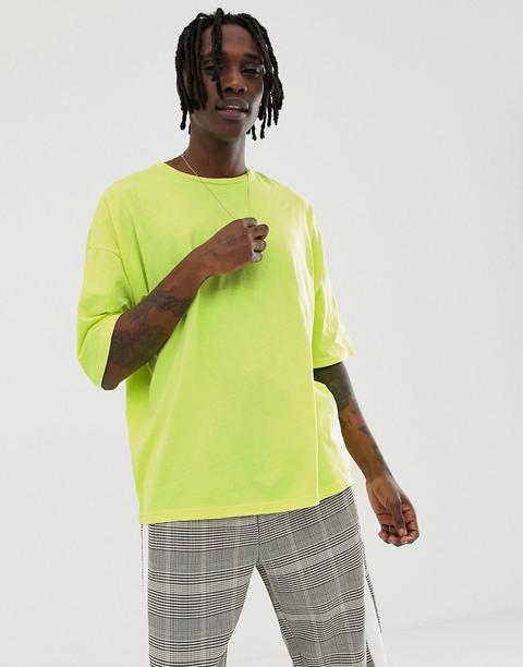 Asos Design - T-shirt Oversize À Manches Mi-longues - Jaune Fluo Délavé