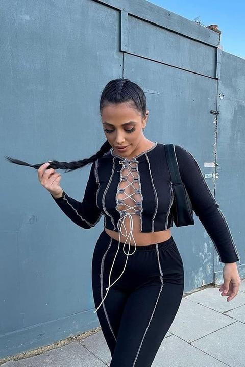 Black Exposed Seam Tie Up Front Long Sleeve Crop Top