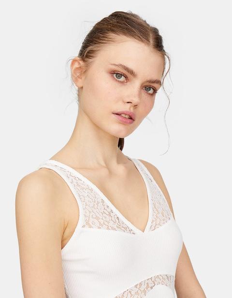 Body Con Spalline E Pizzo Ecru