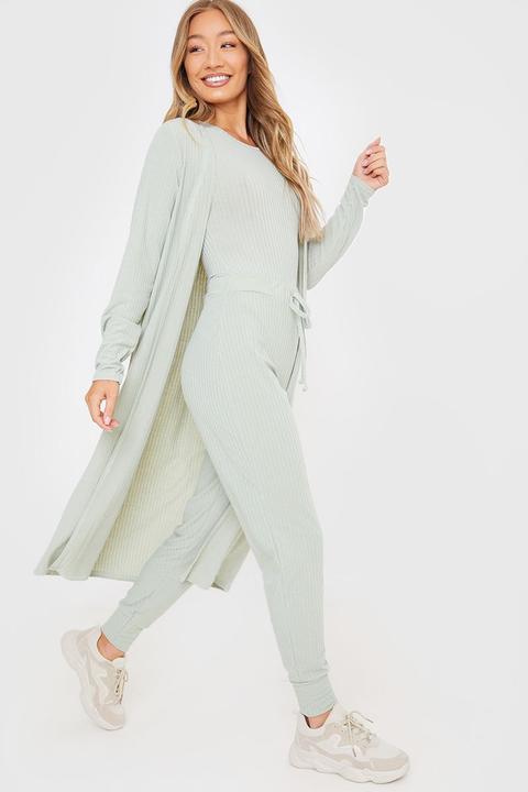 Green Dusters - Jac Jossa Sage Ribbed Midi Duster