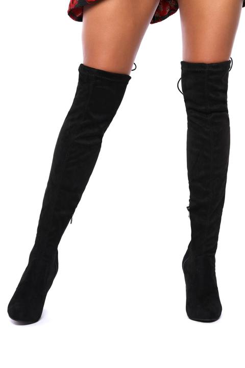 Black Over The Knee Block Heels Boot With Tie