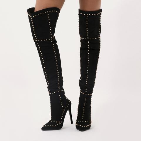 Roulette Studded Over The Knee Boots In Black Faux Suede