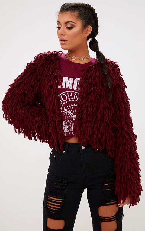 Burgundy Shaggy Knit Cropped Cardigan, Red